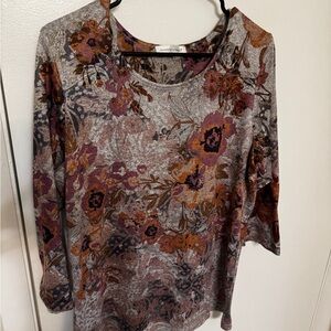 Christopher & Banks Gray Floral 3/4 Sleeve Blouse